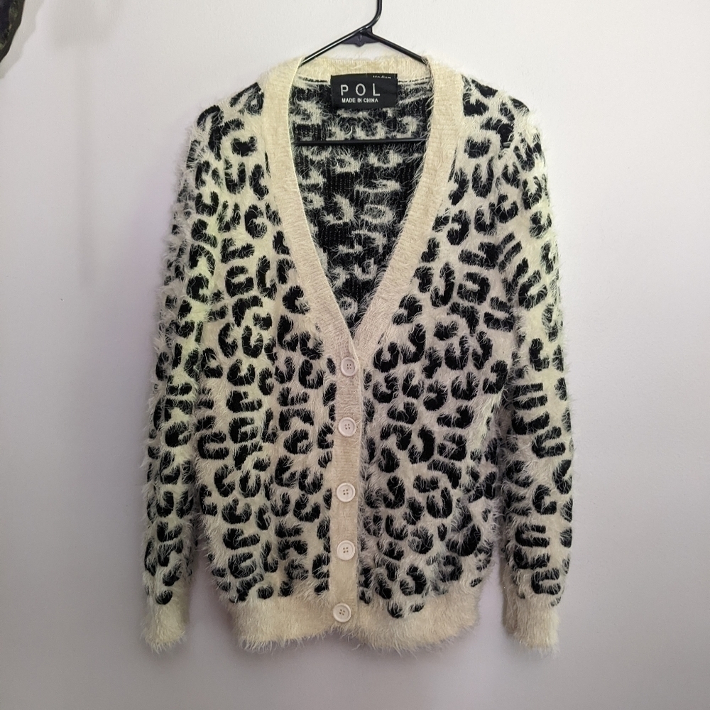 Pol Leopard Print Fuzzy V-Neck Cardigan Medium Cream and Black